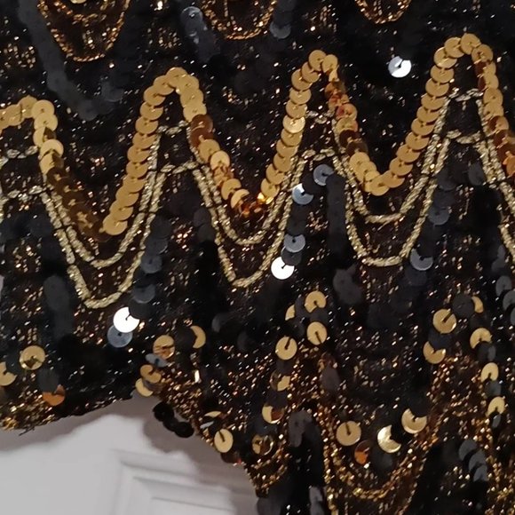 M✨Holiday Christmas Vtg. Sequin Disco Shirt Top Gold black Metallic - Picture 7 of 8